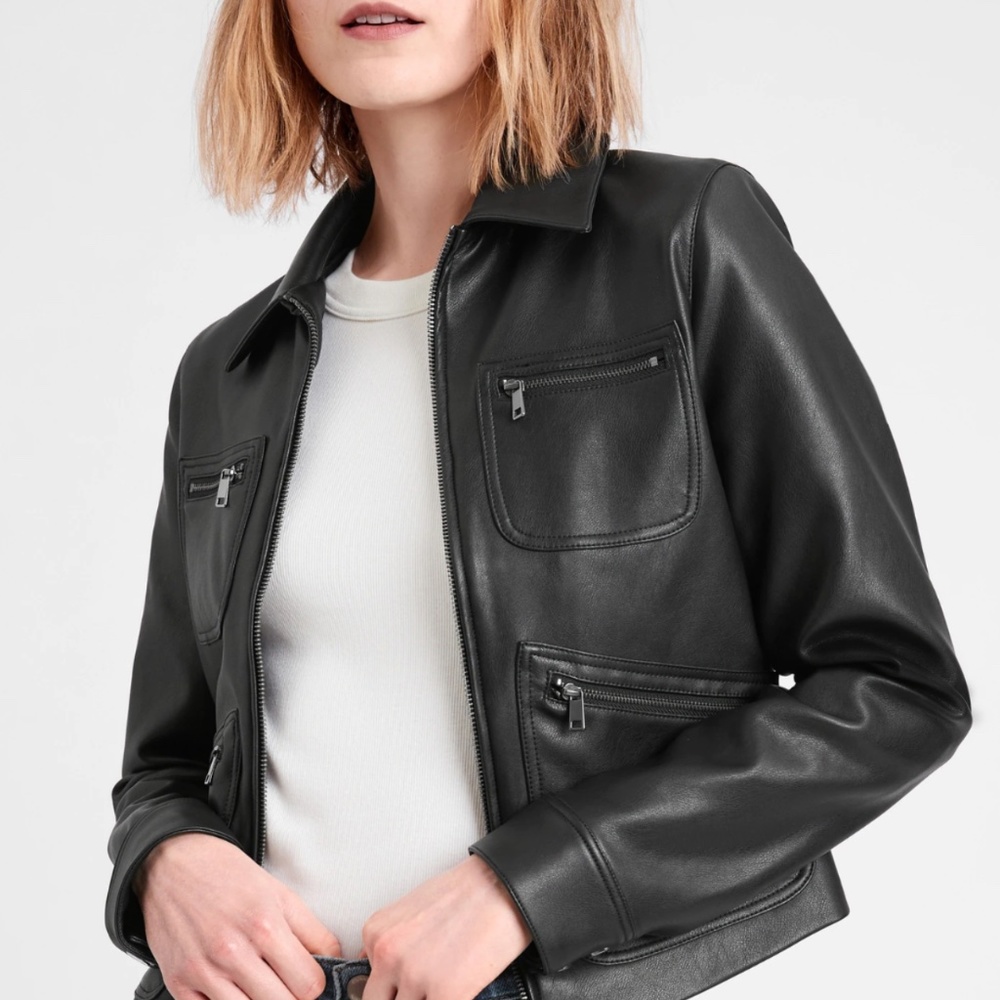Banana Republic Black Vegan Leather 4-Pocket Jacket, size Large